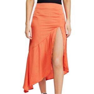 Free People Lola Slit Midi Skirt Solid Orange Satin Womens Size 4